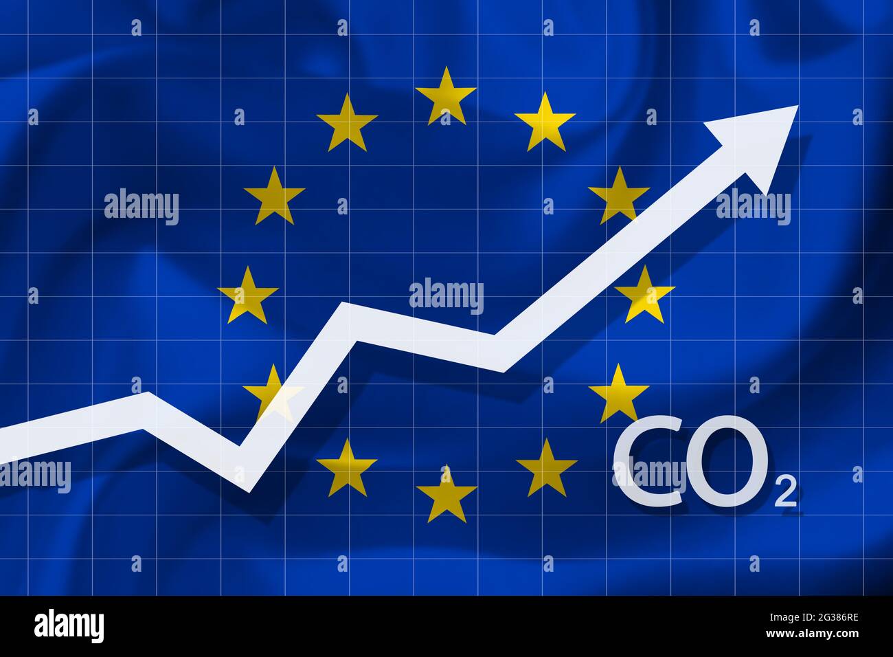 Graph of rising carbon dioxide level in EU. Air pollution concept. Ecological catastrophe. Stock Photo