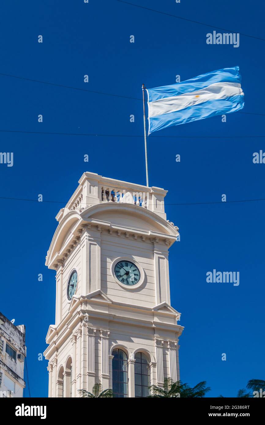 Clock tower with argentinian flag in Cordoba, Argentina Stock Photo