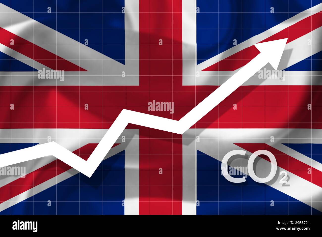 Graph of rising carbon dioxide level in United Kingdom. Air pollution concept. Ecological catastrophe. Stock Photo