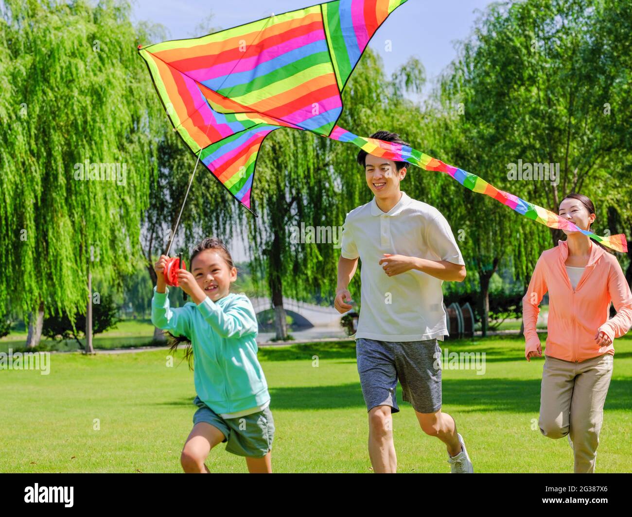 Happy family of three flying kites in the park high quality photo Stock Photo