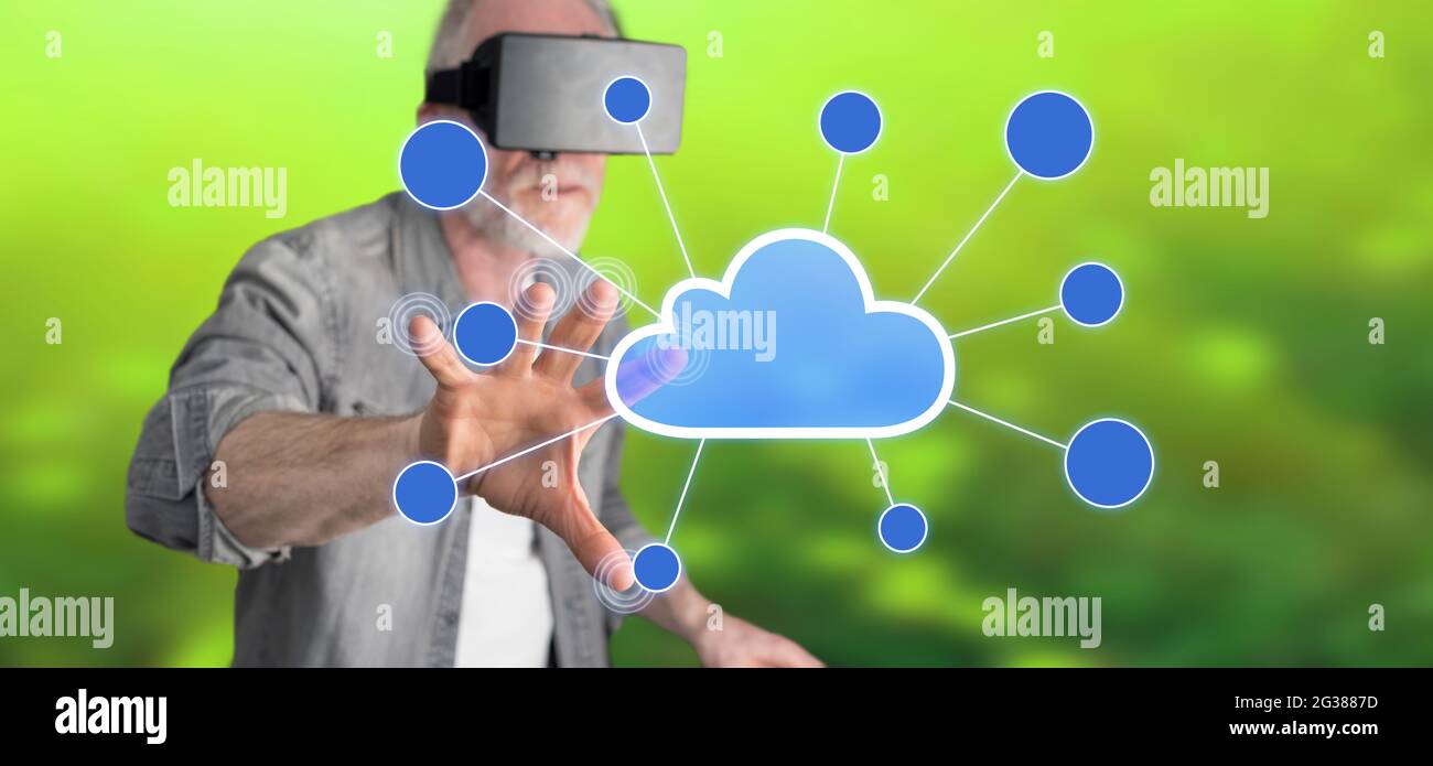 Visual Reference: Man Wearing A Reality Virtual Headset Touching A Cloud Networking