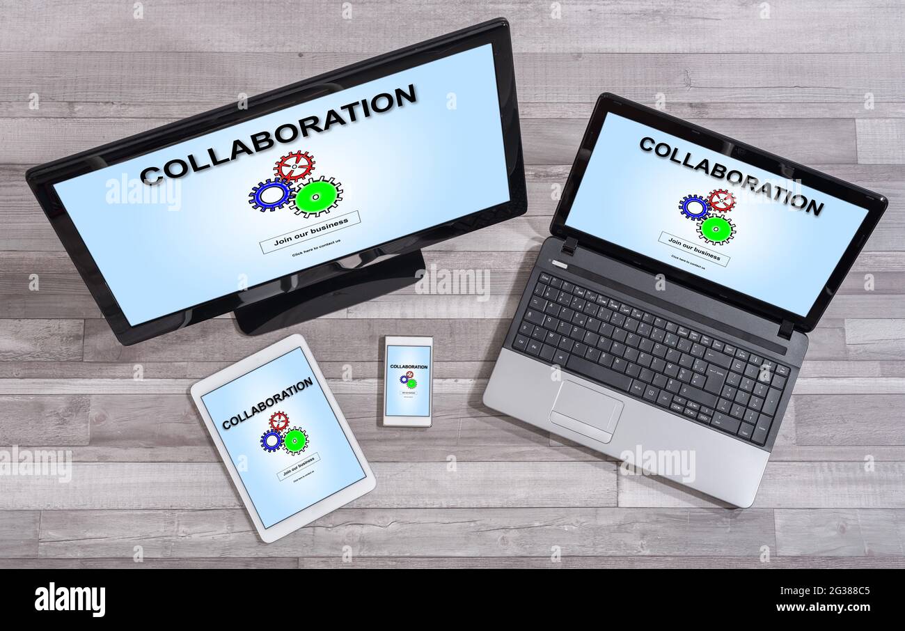 Collaboration concept shown on different information technology devices