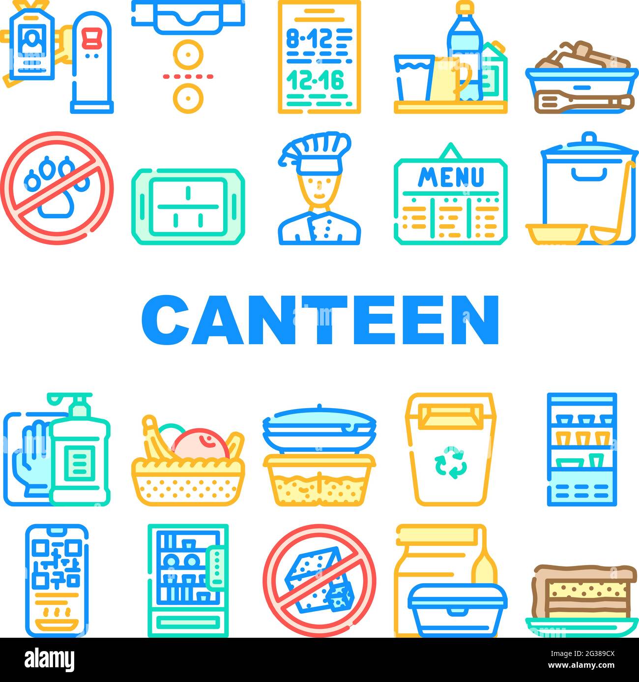School Canteen Menu Collection Icons Set Vector Stock Vector Image