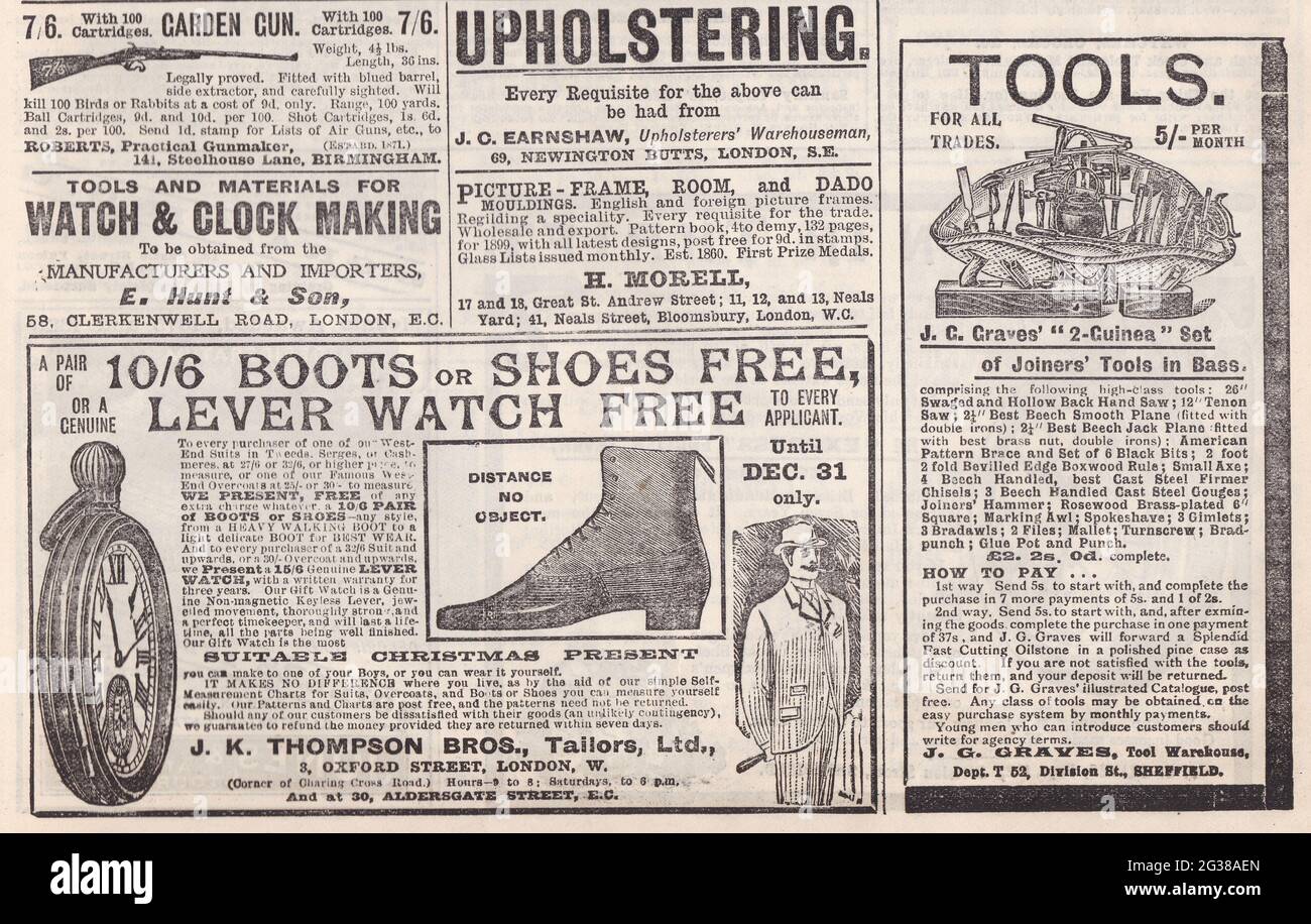 Vintage 1900 newspaper adverts - Roberts Gunmakers / J. C. Graves / J. K. Thompson Tailors / J. C. Earnshaw Upholstering / E. Hunt & Son Watchmaker. Stock Photo