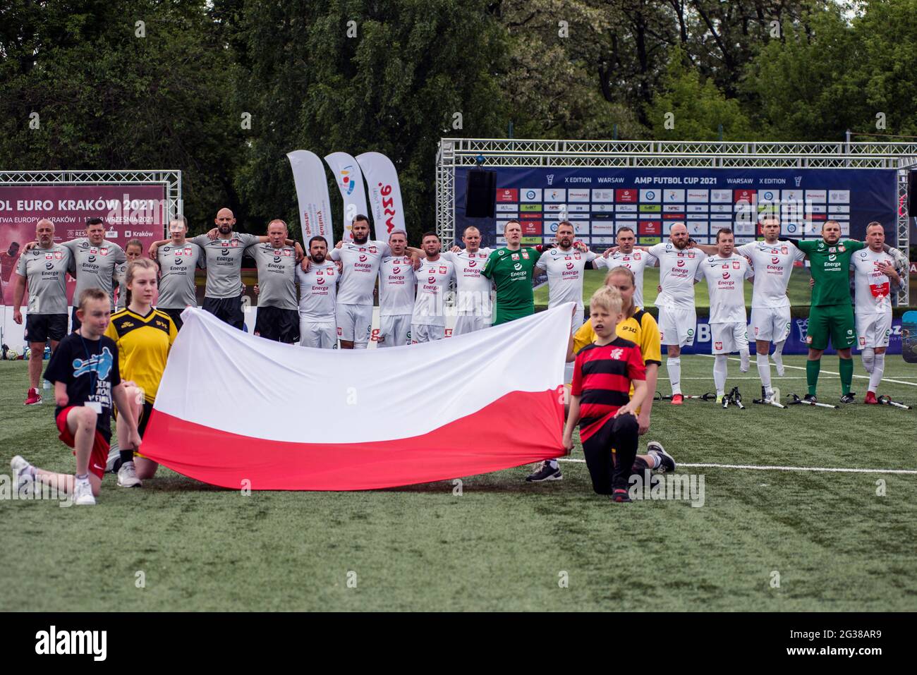 The Polish National Team seen during the national anthem before the Amp Futbol Cup 2021 between Poland and Ukraine in Warsaw June 12-13th. (Final scores, Poland 7:0 Ukraine) Stock Photo