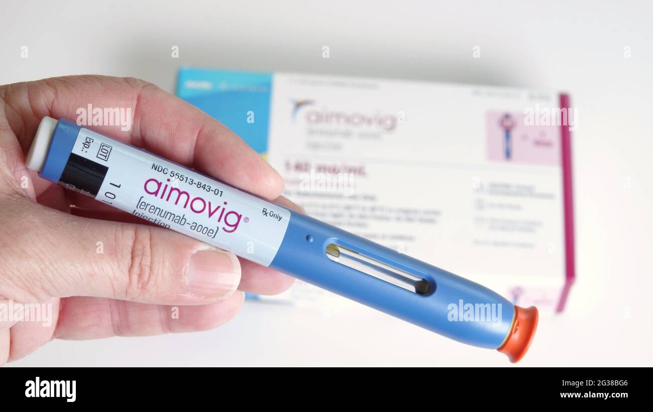 Aimovig, one of four newly FDA approved migraine preventatives. Illustrative editorial. Stock Photo