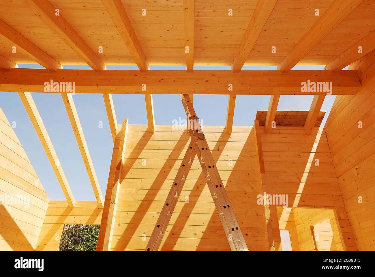 Roof construction on a partially constructed wood (fir) block house, a