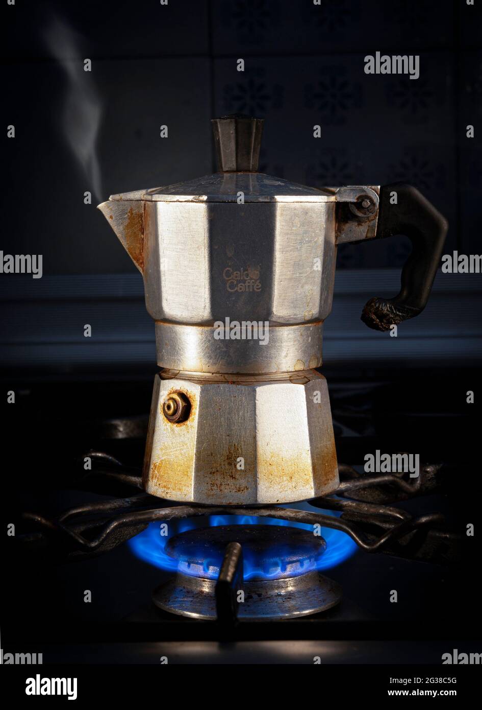 Espresso coffee pot on gas hob Stock Photo Alamy