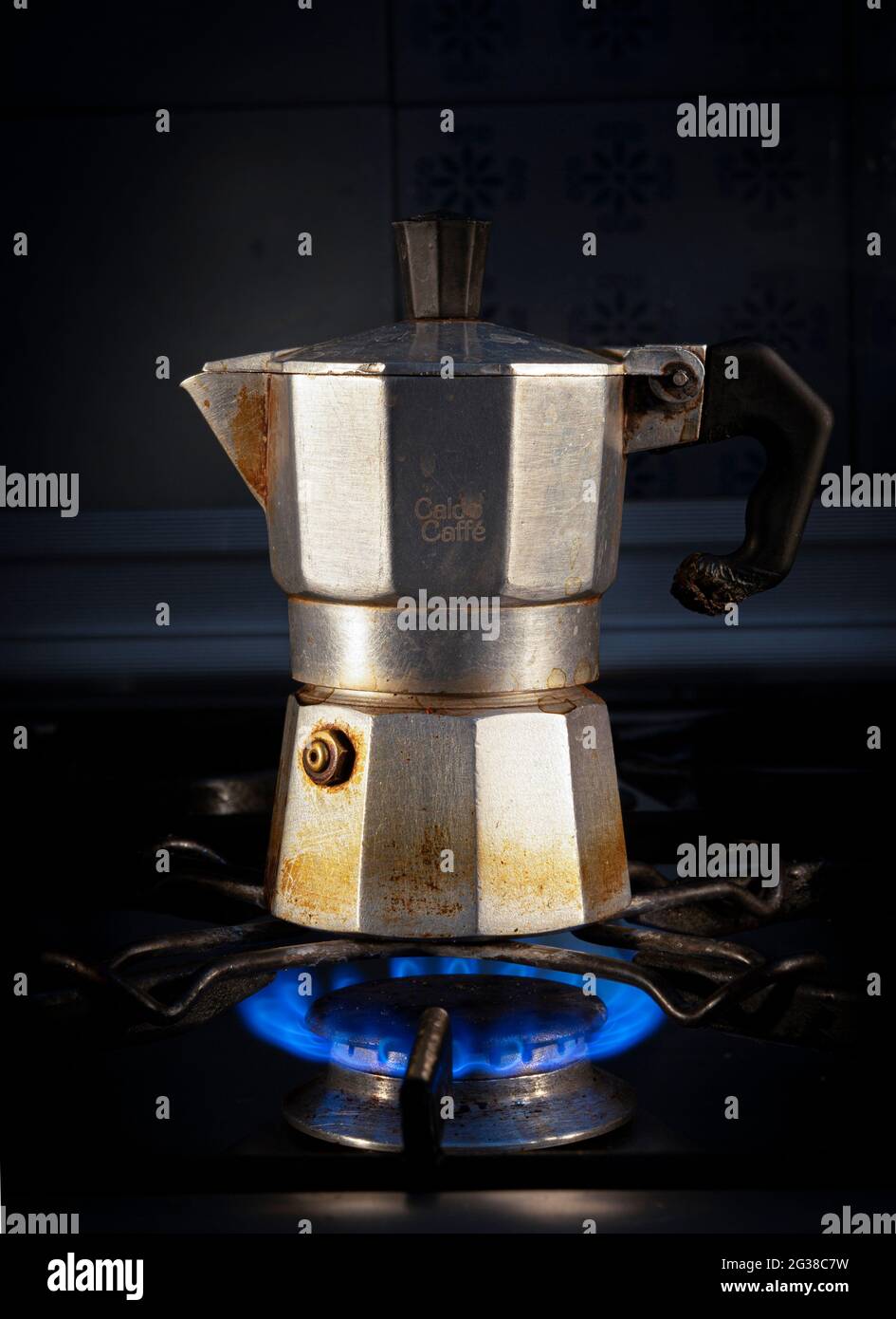 Espresso coffee pot on gas hob Stock Photo Alamy