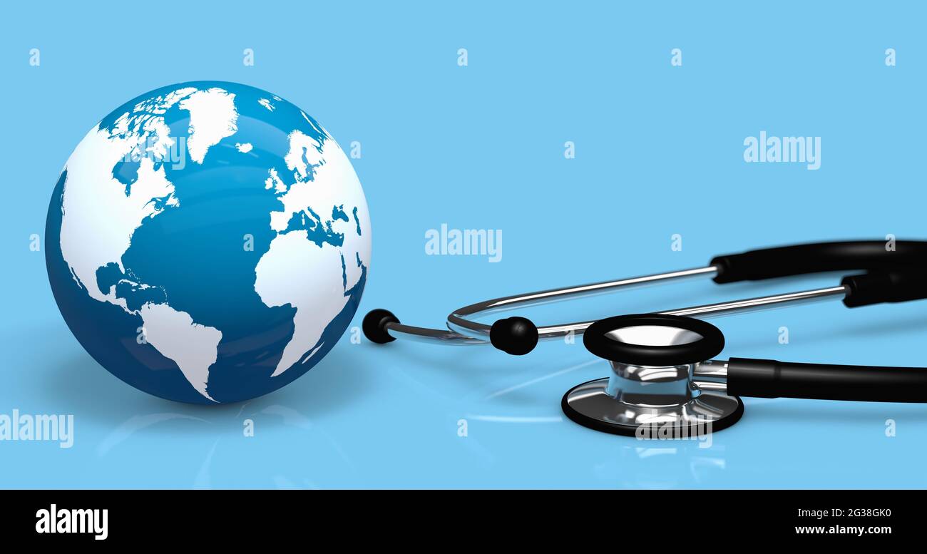 International world health and global healthcare concept with a medical stethoscope and a world map globe on a blue banner background with copy space Stock Photo