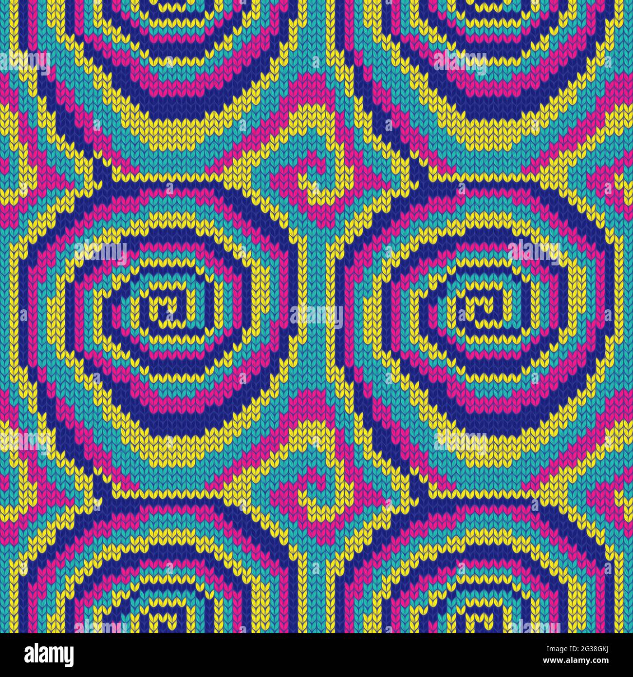 Seamless knitting ornate with swirl elements in bright pink, yellow