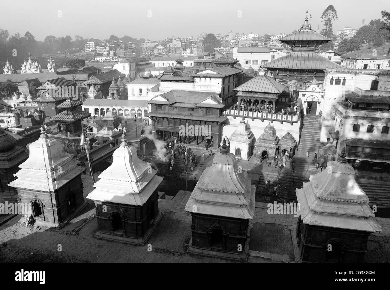 Black and white view of Pashupatinath - hindu temple situated on the bank of holy Bagmati River in Kathmandu Stock Photo