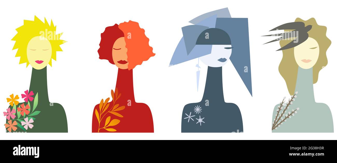 Girls Four Seasons Symbols - Summer Autumn Winter Spring Surreal art ...