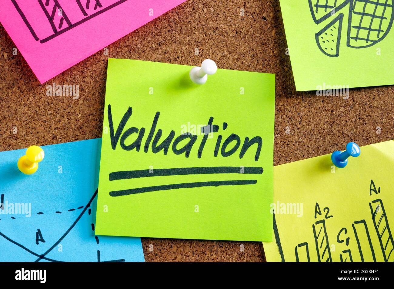 Valuation word on the sticker pinned to the desk. Stock Photo