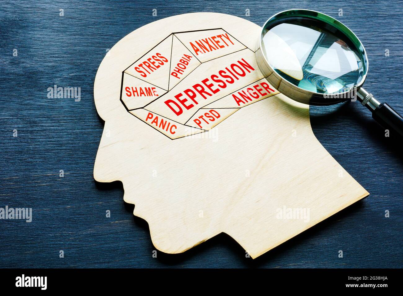 Mental health concept. Head with magnifying glass and words depression, stress and anxiety. Stock Photo
