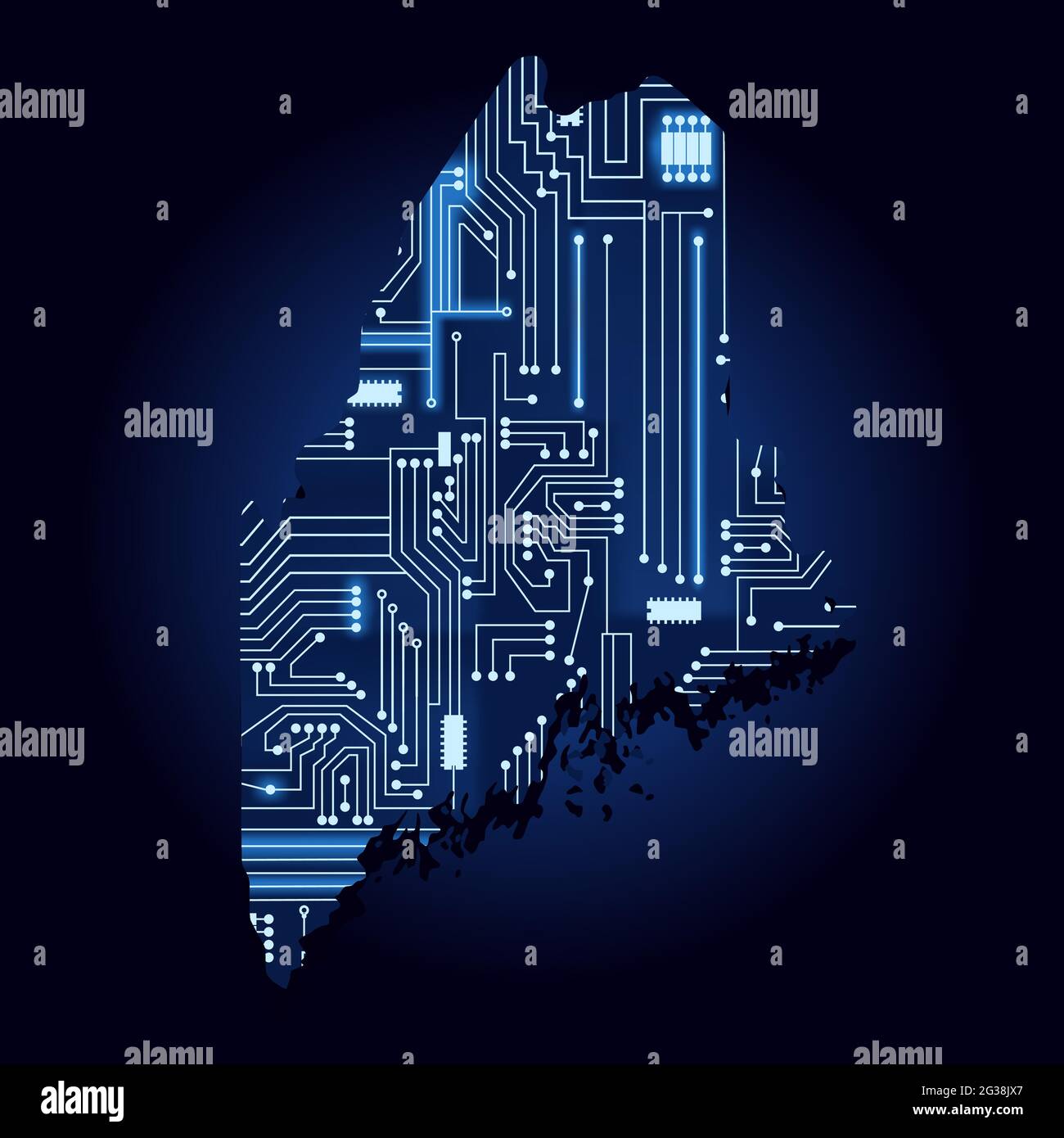 Contour map of Maine with a technological electronics circuit. USA state. Blue background. Stock Vector