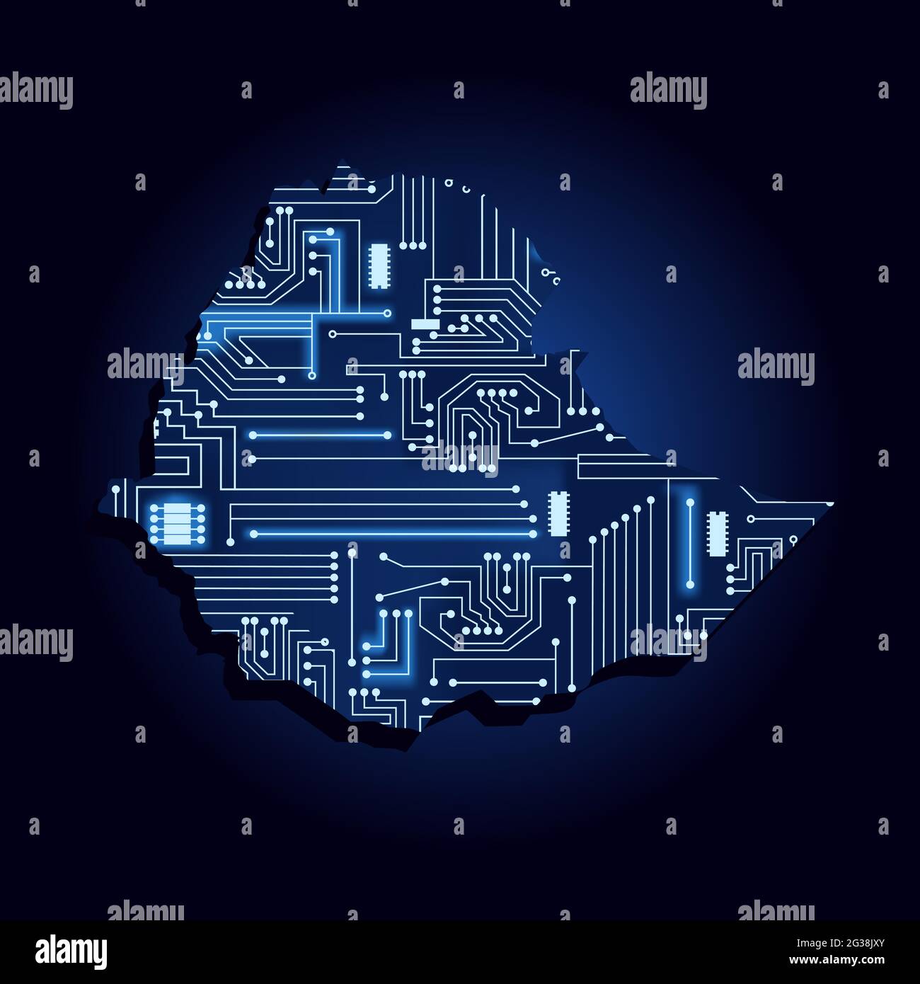 Contour map of Ethiopia with a technological electronics circuit. African country. Blue background. Stock Vector