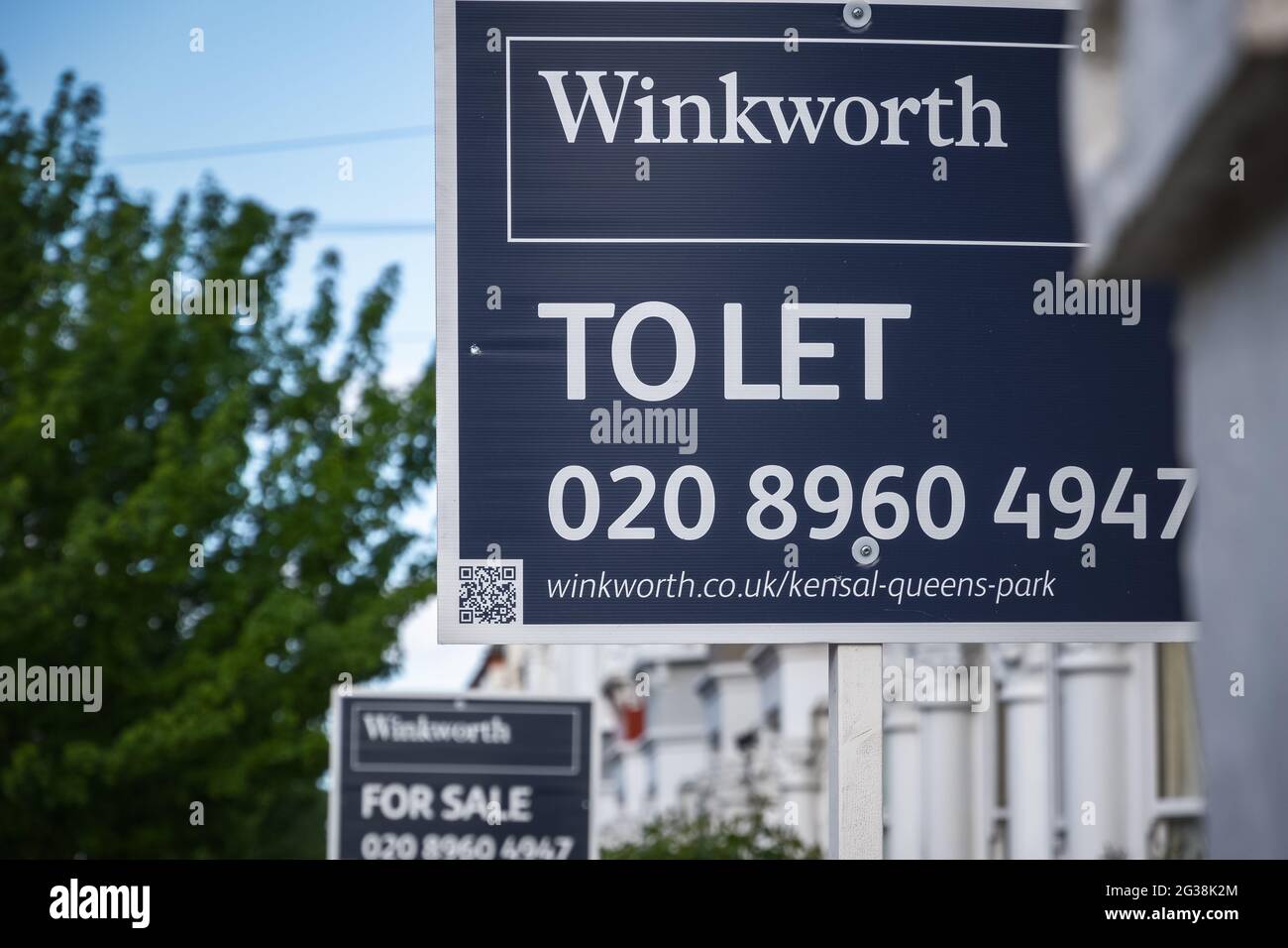 London, UK - 10 May, 2021 - Estate agent signs advertising home for rent or sale around Kensal Rise Stock Photo