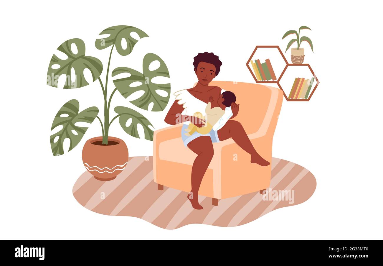 Healthy breastfeeding, infant childcare, mom with newborn child sitting in armchair Stock Vector