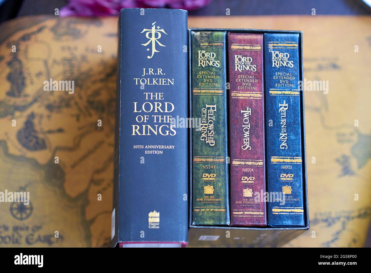 The Lord of the Rings Book and Trilogy Extended Edition 12-DVD Box Set Stock Photo