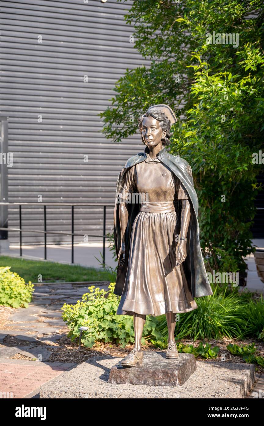 Lethbridge, Alberta - June 13, 2021: A statue on the grounds of the Galt Museum in Lethbridge. Stock Photo