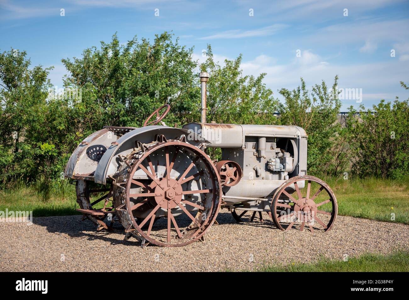 Lethbridge, Alberta - June 13, 2021: A historic tractor on the grounds of the Galt Museum in Lethbridge. Stock Photo