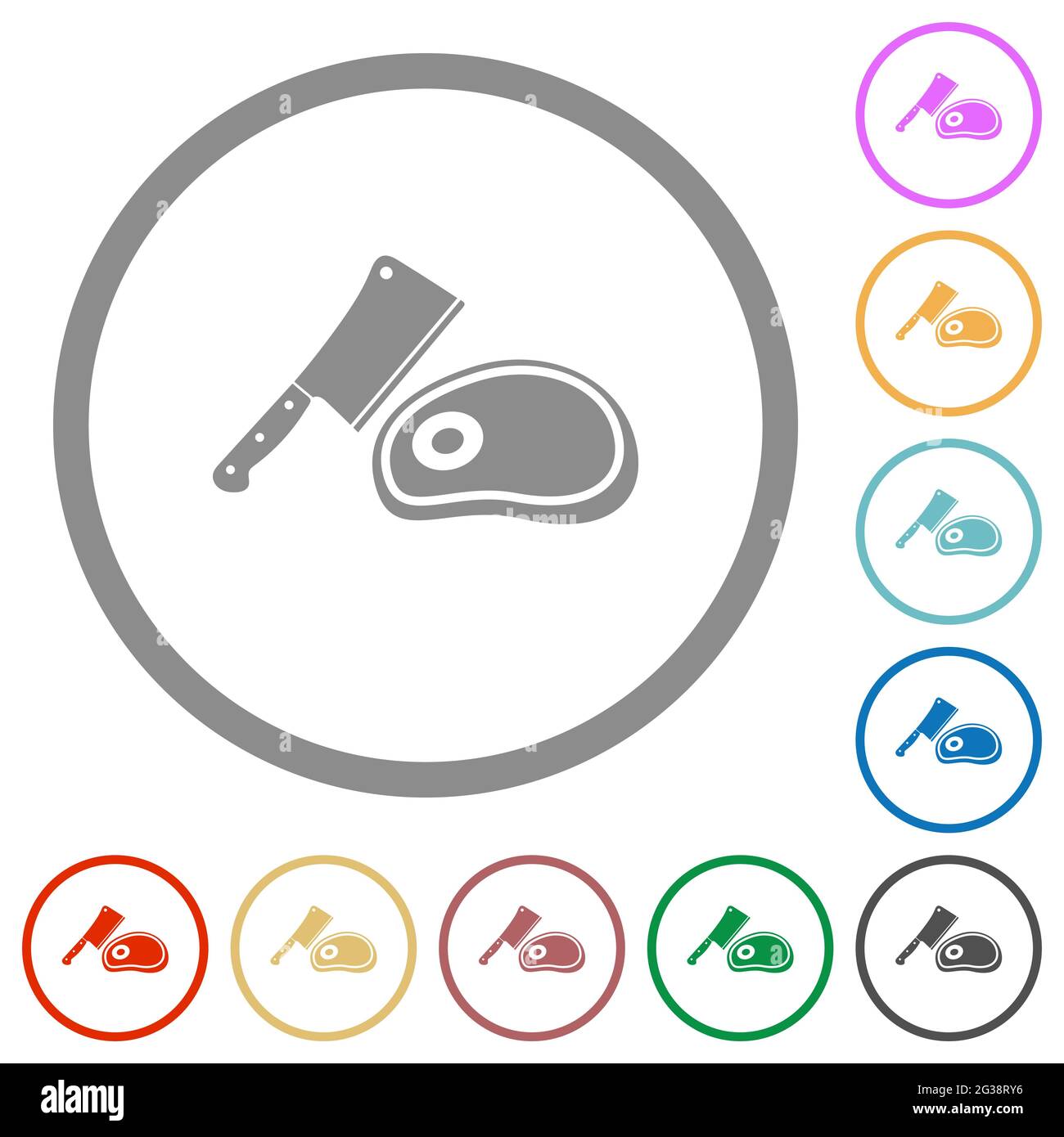 Meat cleaver knife and steak flat color icons in round outlines on ...