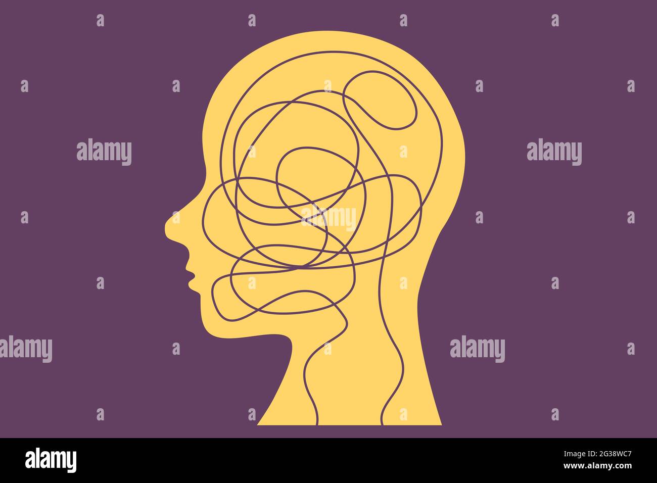 Mental illness also called mental health disorders concept illustration. Human head with a tangled line inside. Art for prints, banners thumbnails. Stock Photo