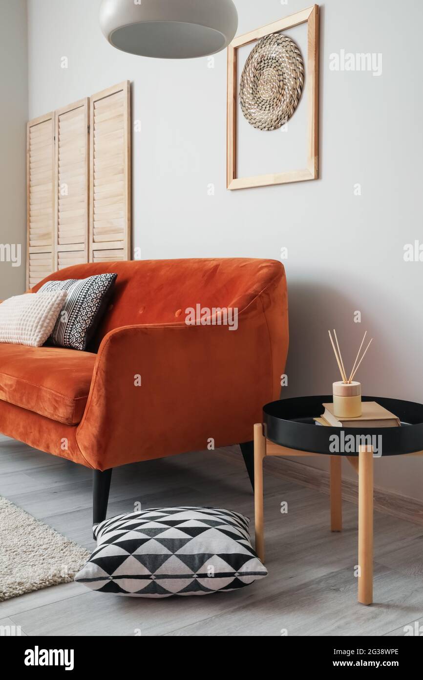 Interior of living room with stylish sofa Stock Photo - Alamy