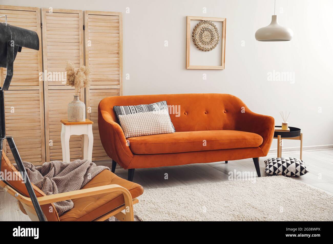 Interior of living room with stylish sofa Stock Photo - Alamy