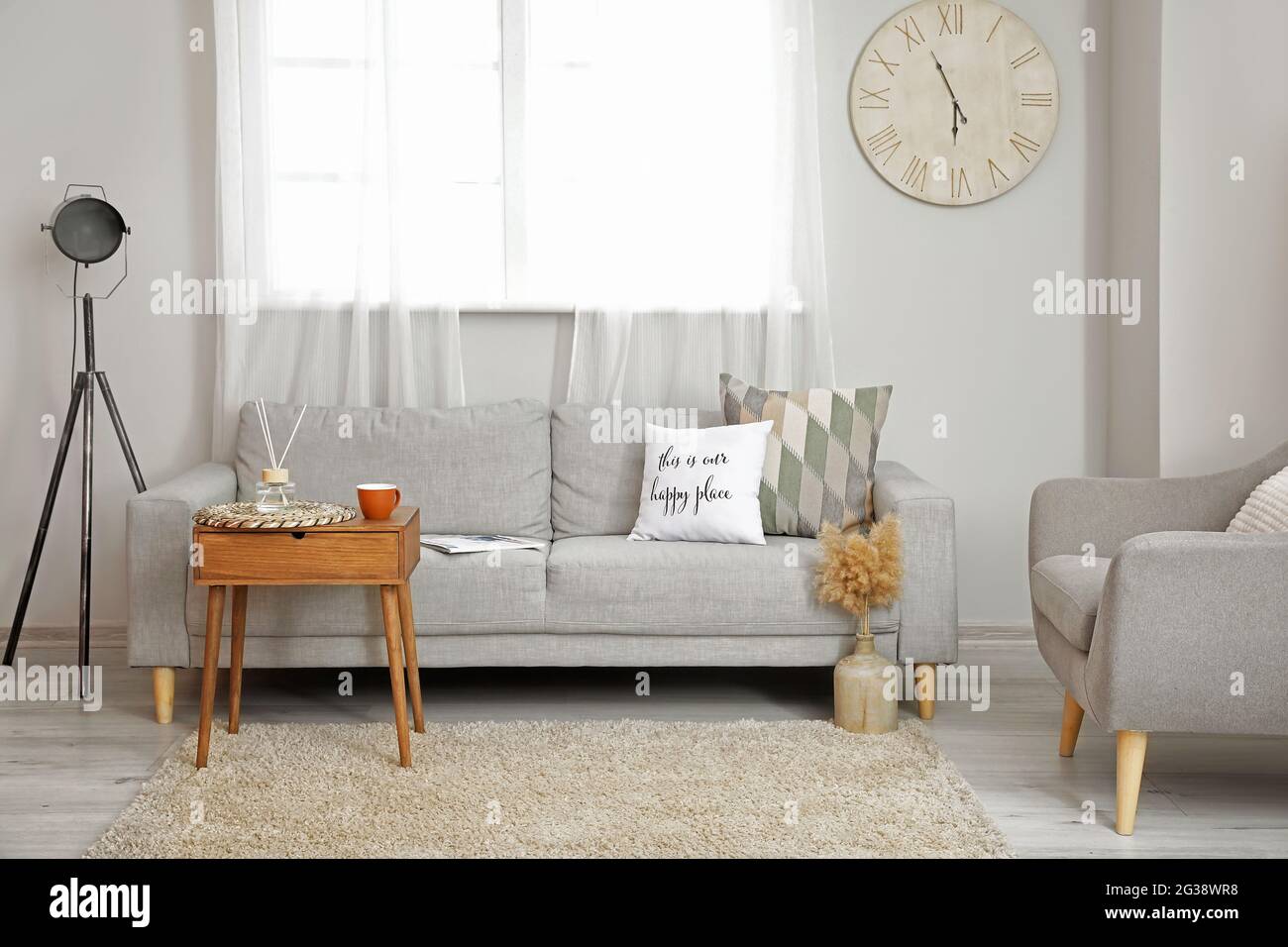 Interior of modern living room with cozy sofa Stock Photo - Alamy
