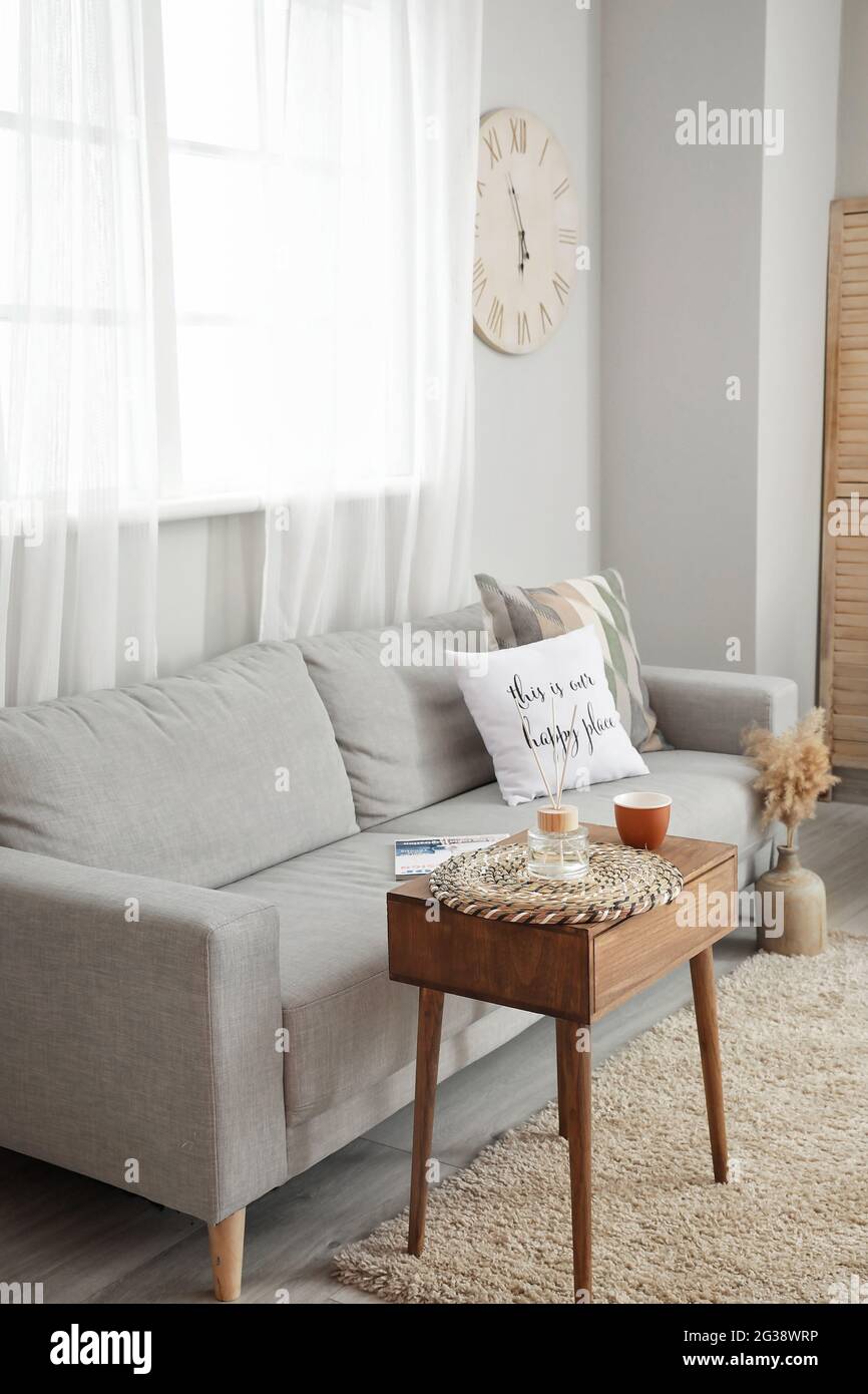 Interior of modern living room with cozy sofa Stock Photo - Alamy