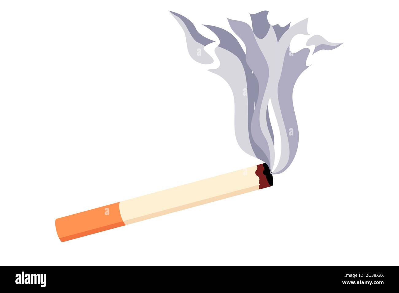 Burning paper filtered cigarette with tobacco smoke illustration. White