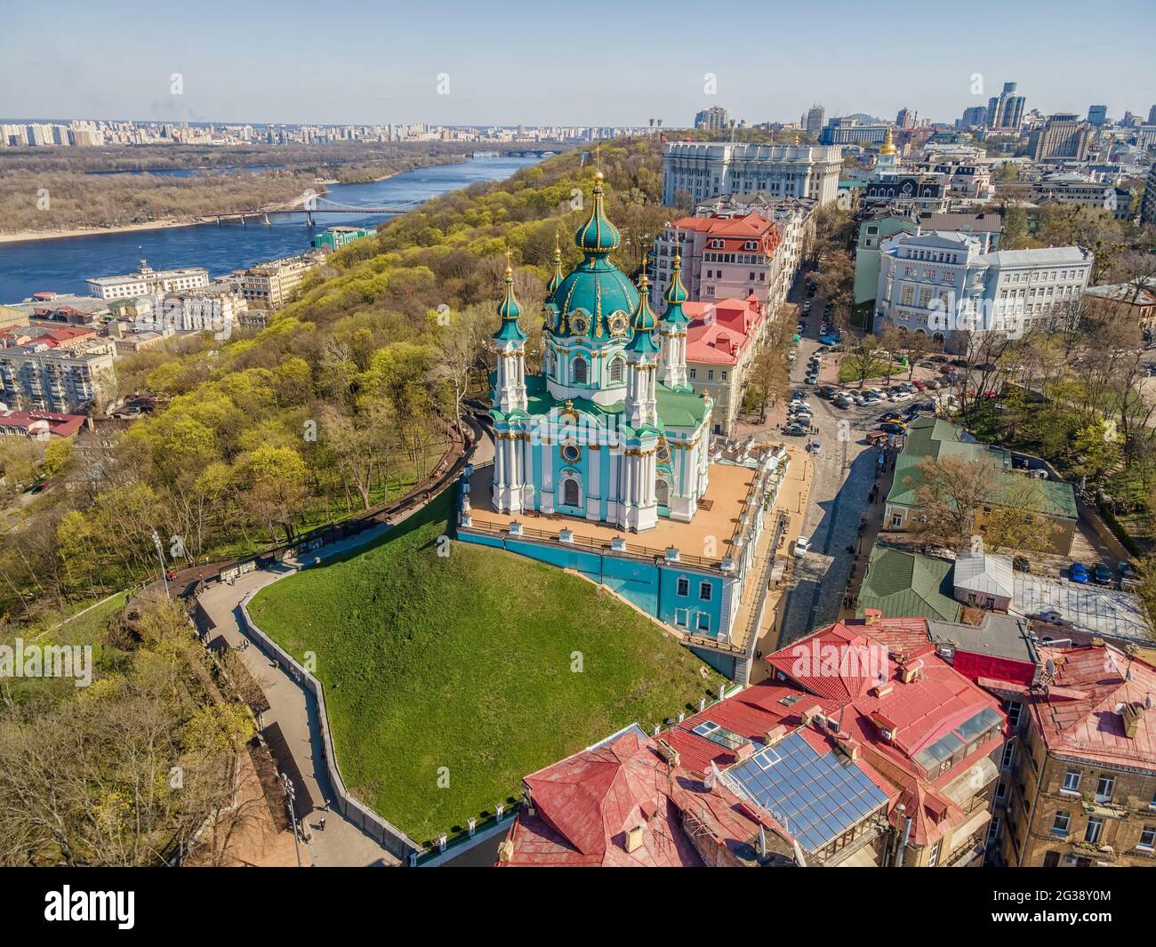 Aerial top view by drone of St. Andrew's Church in Kiev city. Stock Photo