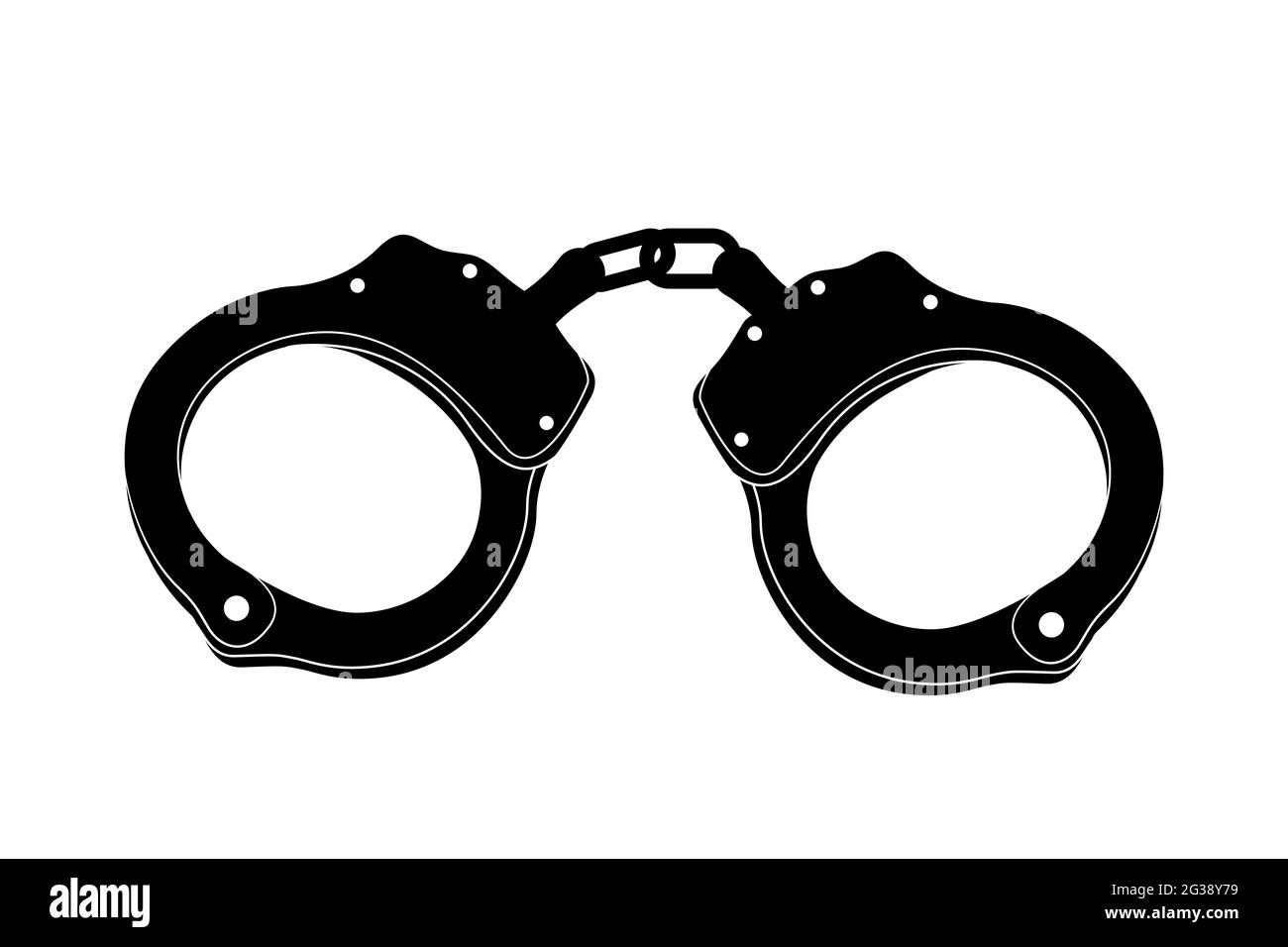 Hand cuffs on white background. Illustration icon, peerless closed linked police handcuffs. Black and white color. Stock Photo