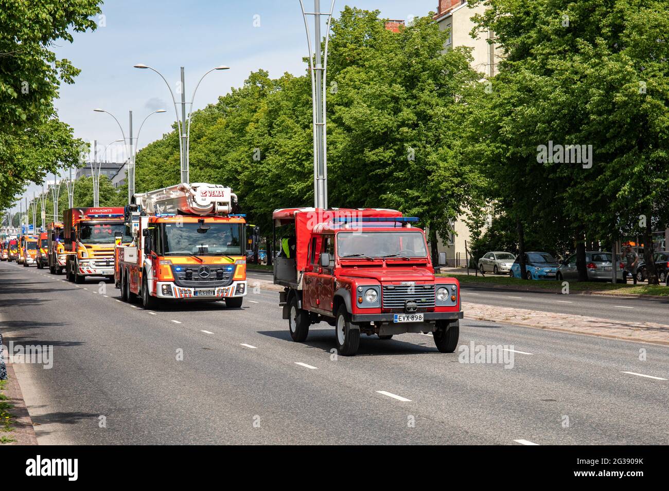 Helsinki City Rescue Department 160th anniversary parade on Huopalahdentie in Munkkiniemi district of Helsinki, Finland Stock Photo