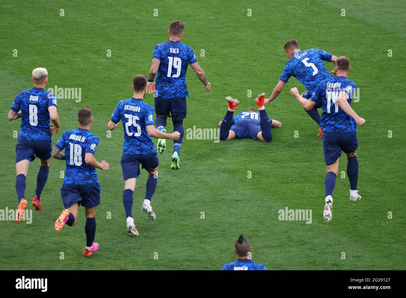 Saint Petersburg, Russia. 14th June, 2021. Ondrej Duda (8), Robert Mak (20), Milan Skriniar (14) of Slovakia are seen in action during the European championship EURO 2020 between Poland and Slovakia at Gazprom Arena.(Final Score; Poland 1:2 Slovakia). Credit: SOPA Images Limited/Alamy Live News Stock Photo