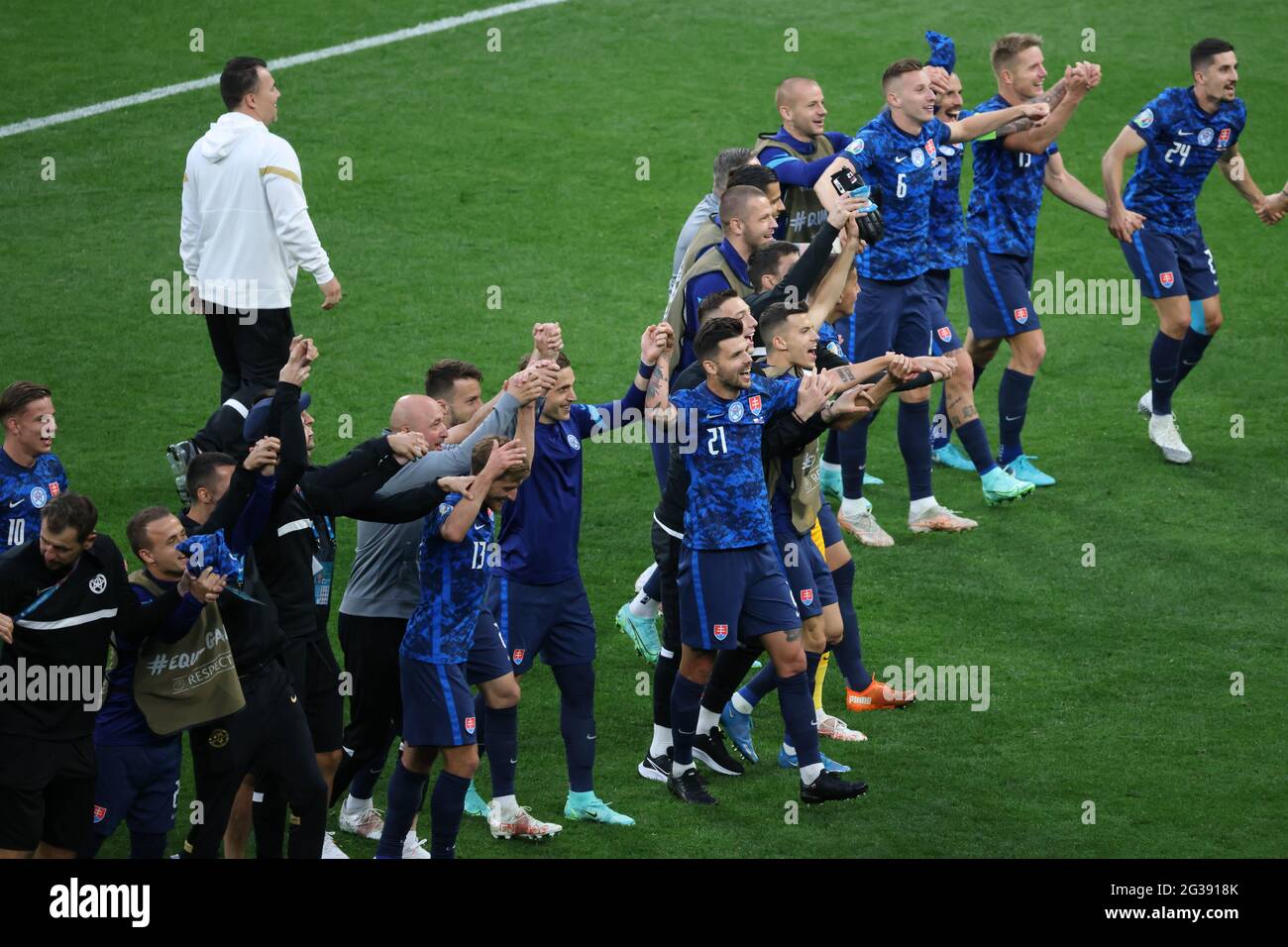 Saint Petersburg, Russia. 14th June, 2021. Ondrej Duda (8), Robert Mak (20), Milan Skriniar (14) of Slovakia with their teammates are seen during the European championship EURO 2020 between Poland and Slovakia at Gazprom Arena.(Final Score; Poland 1:2 Slovakia). Credit: SOPA Images Limited/Alamy Live News Stock Photo