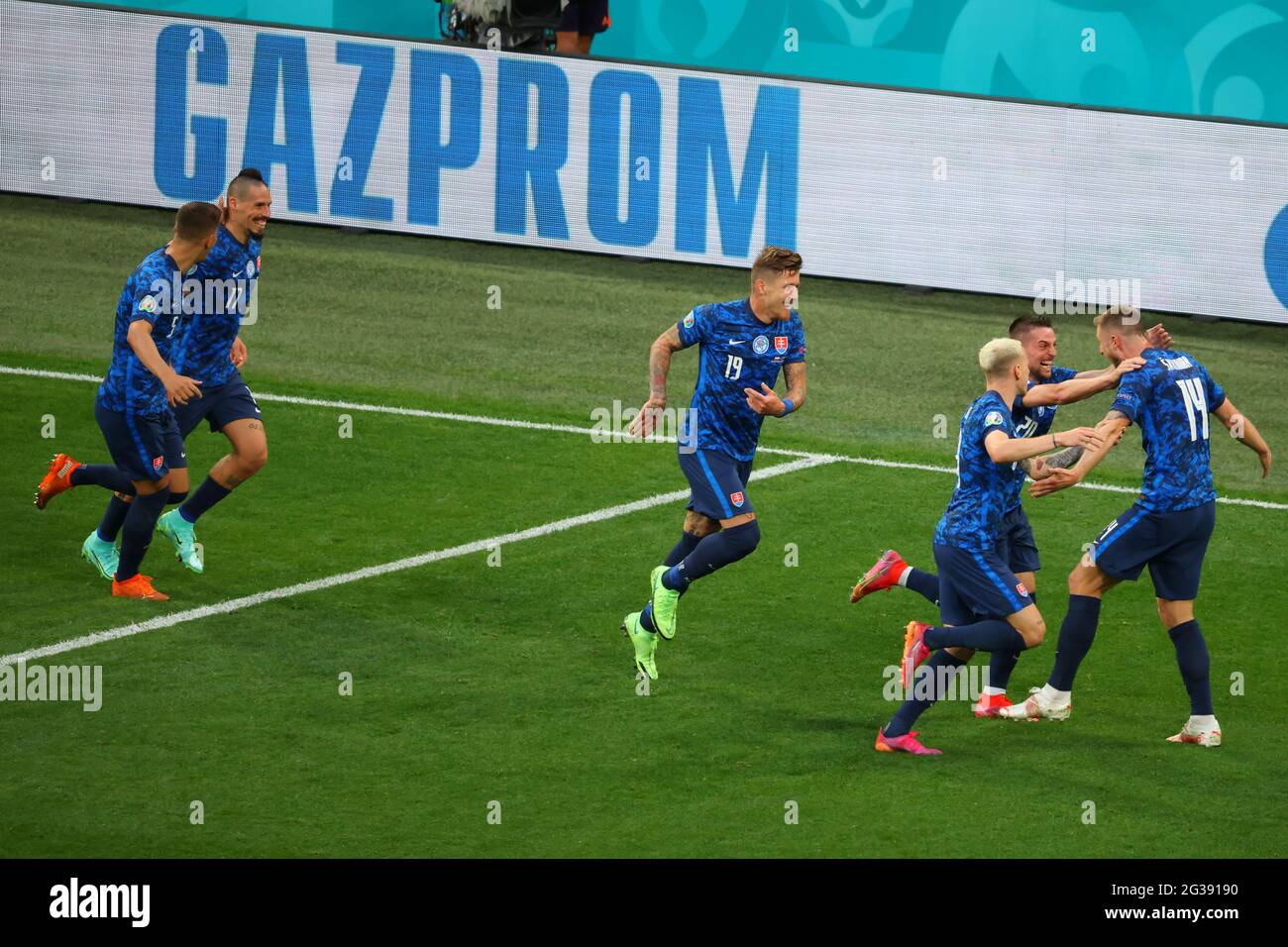 Saint Petersburg, Russia. 14th June, 2021. Ondrej Duda (8), Robert Mak (20), Milan Skriniar (14) of Slovakia are seen in action during the European championship EURO 2020 between Poland and Slovakia at Gazprom Arena.(Final Score; Poland 1:2 Slovakia). Credit: SOPA Images Limited/Alamy Live News Stock Photo
