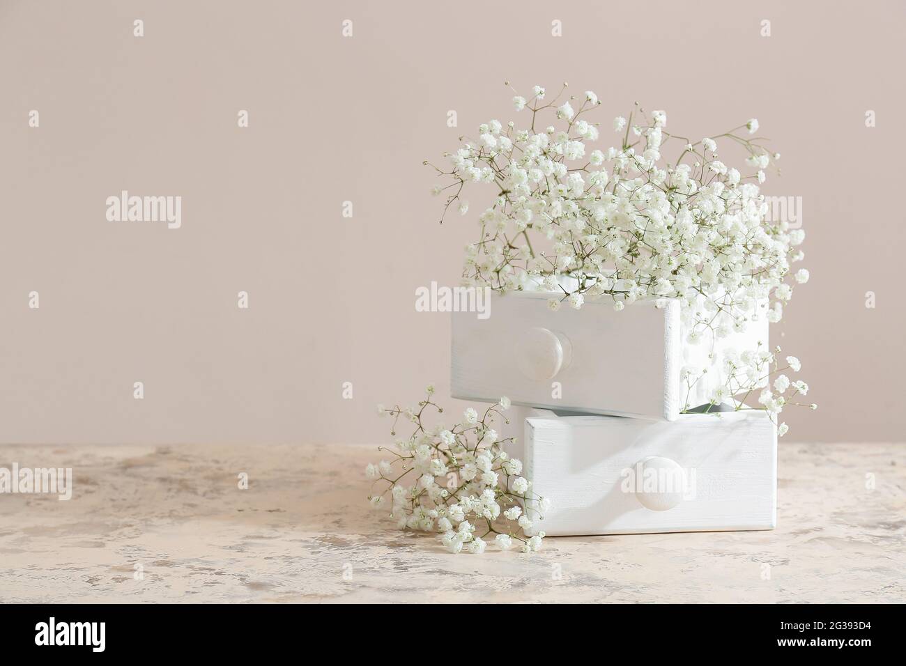 Beautiful gypsophila flowers and drawers on table near color wall Stock ...