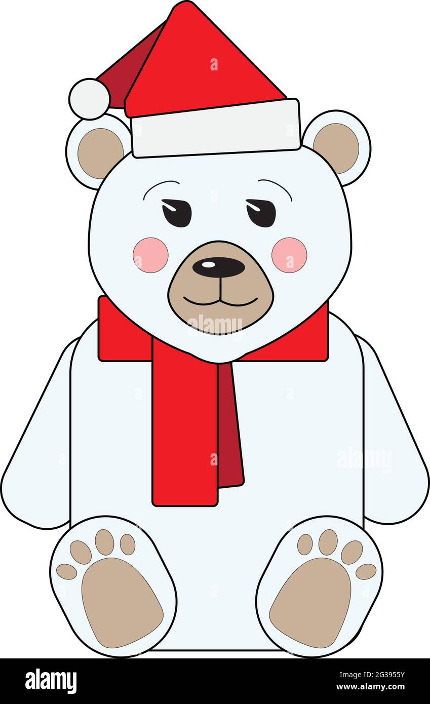 Cute polar bear sits in a red santa claus hat and scarf on a white ...