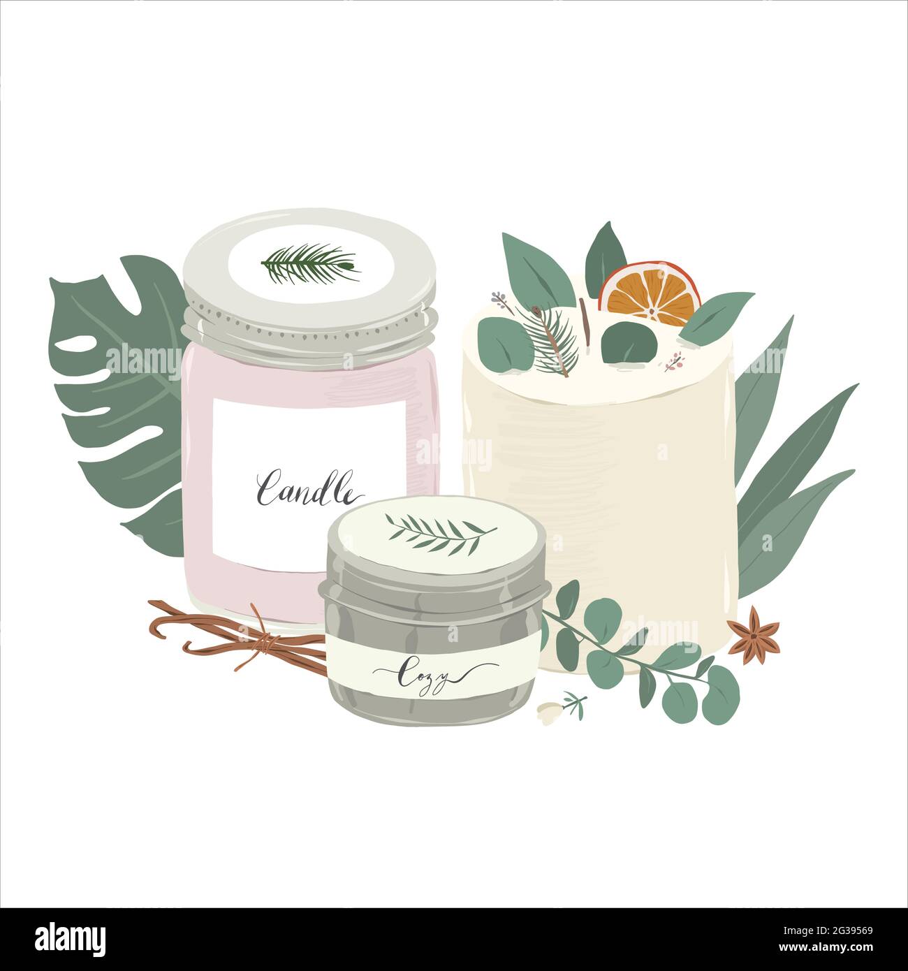 Scented natural wax candles in jars and tins , various aromatic candles composition, decorated with plant leaves, aromatheraphy and wellness concept Stock Vector