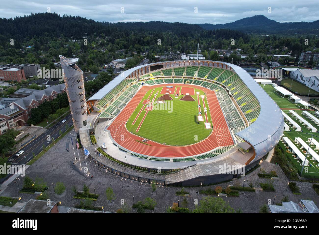 An aerial view of Hayward Field on the campus of the University of