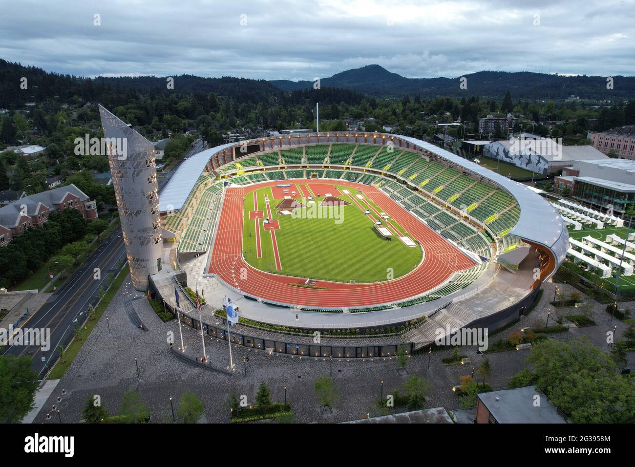 An aerial view of Hayward Field on the campus of the University of