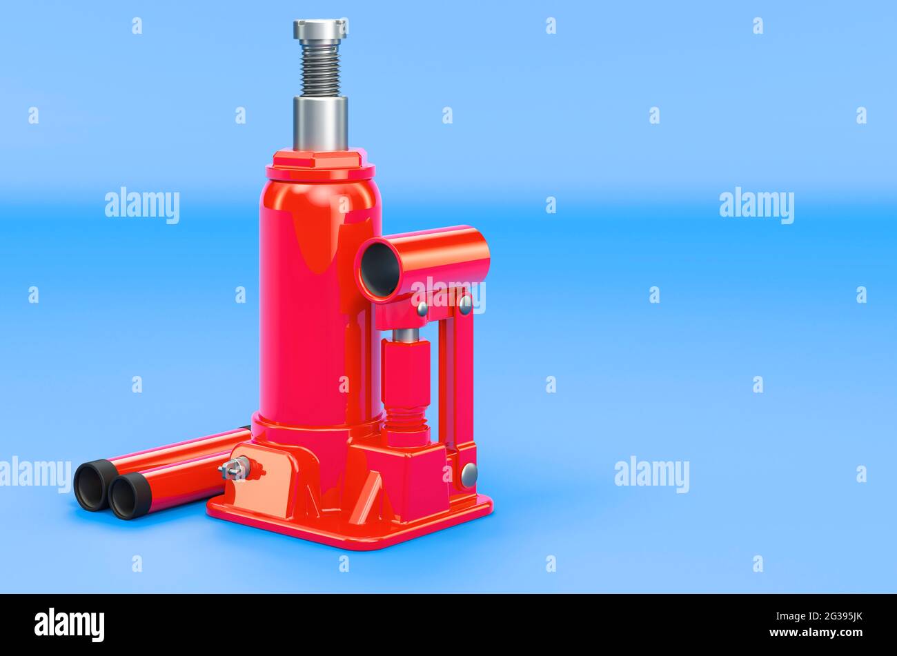 Hydraulic Bottle Jack on blue background, 3D rendering Stock Photo