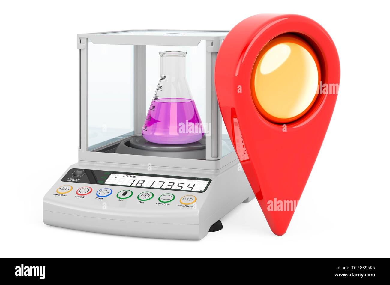 Map pointer with Analytical Balance, Digital Lab Scale. 3D rendering isolated on white background Stock Photo