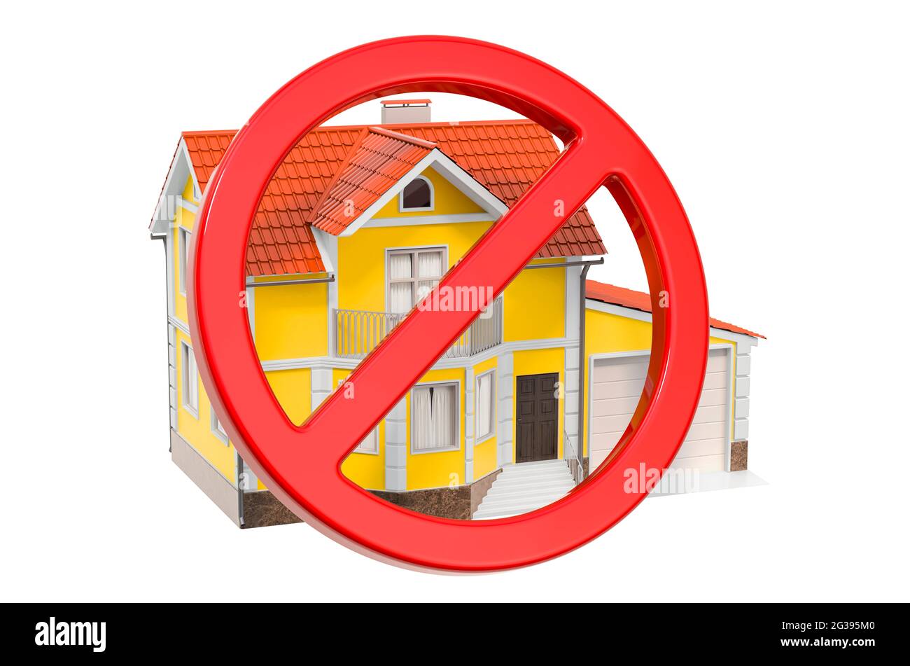 Prohibition sign with home. 3D rendering isolated on white background