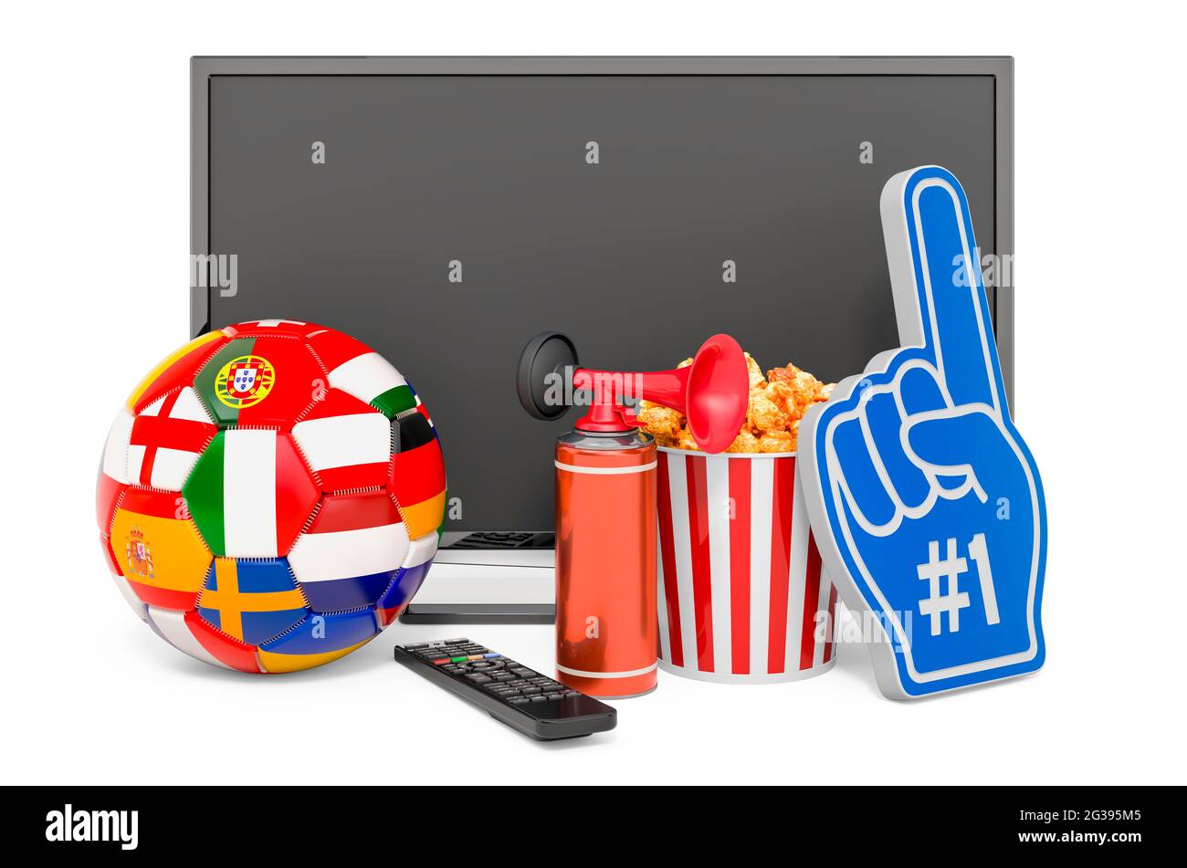 Watching football match at home TV set with football ball and fan supporters accessories. 3D rendering isolated white background Stock Photo - Alamy