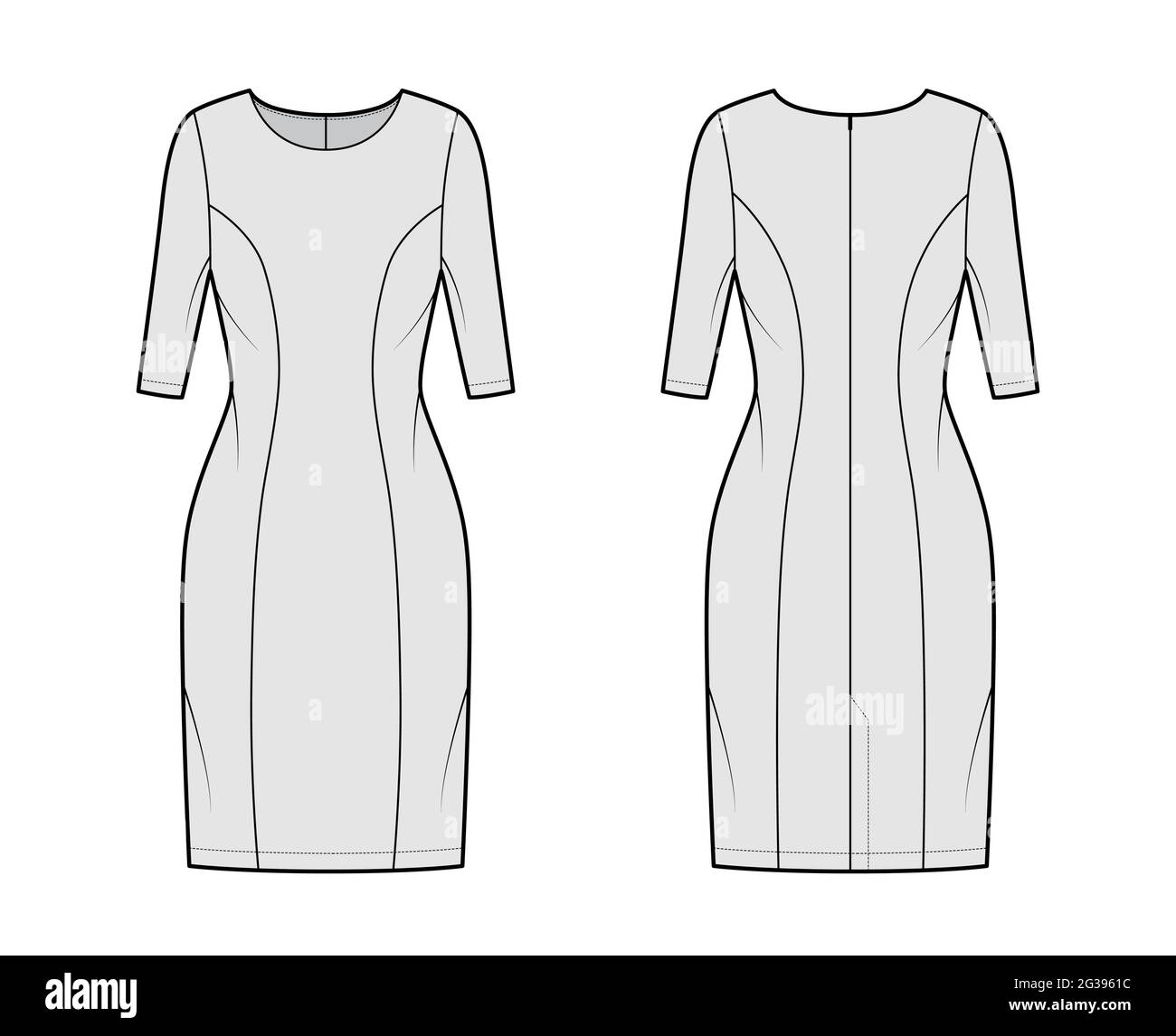 Dress princess line technical fashion illustration with elbow sleeves ...