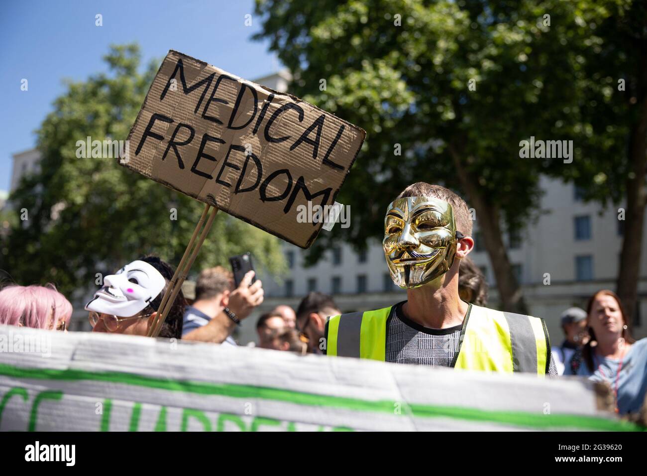 London, UK. 14th June 2021. Anti-vaxx protesters with their slogans. Yuen Ching Ng/Alamy Live News Stock Photo